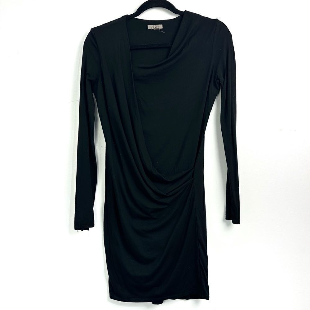 Helmut Lang Asymmetrical Drape Front Long Sleeve Dress in Black Sz Small